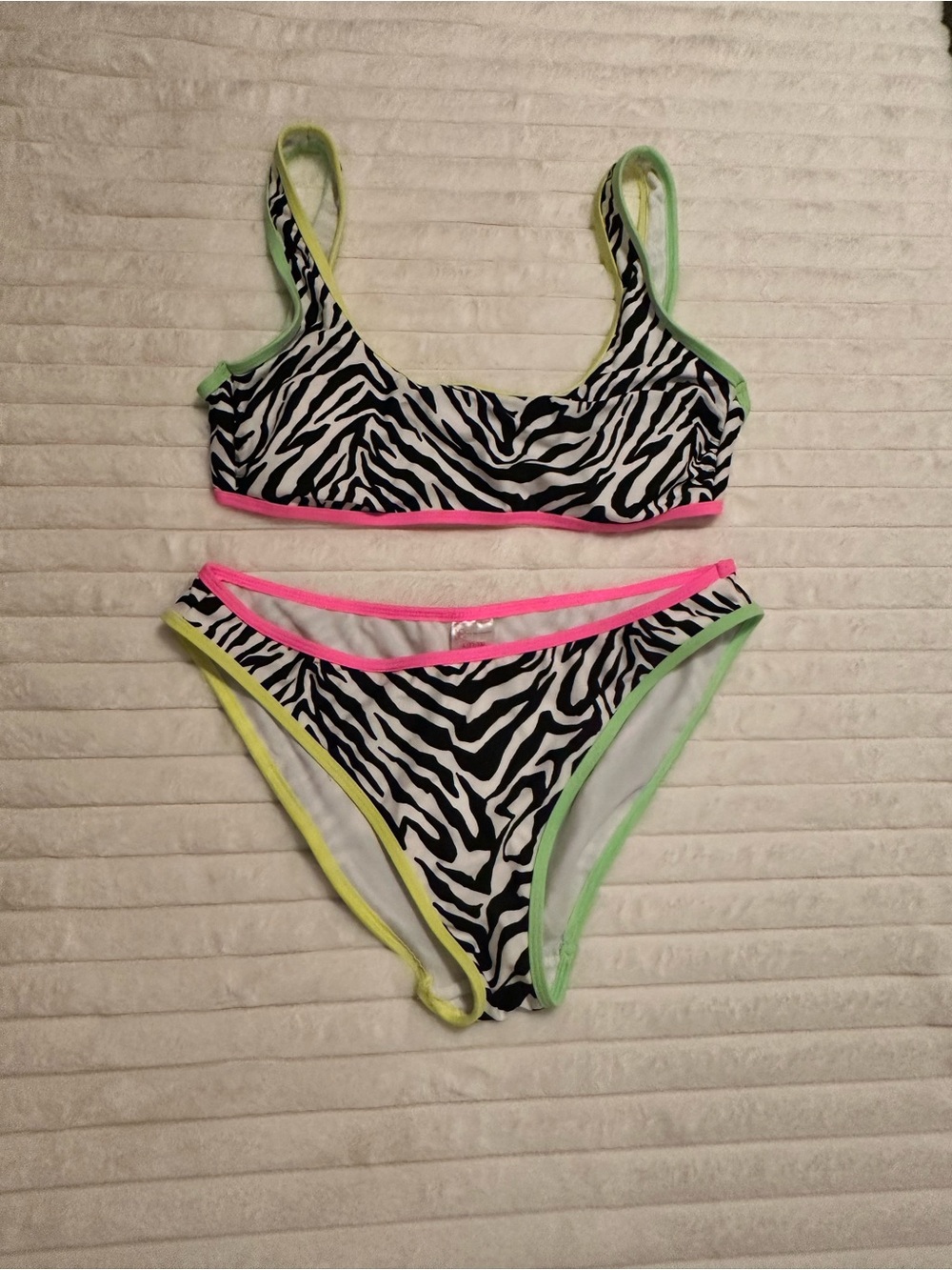 No Boundaries Black & White Zebra Bikini with Neon Pink Trim